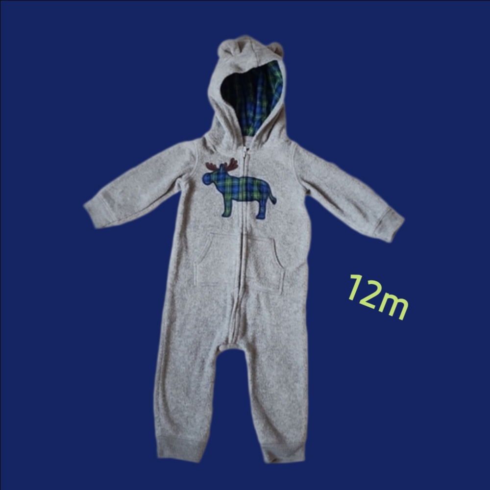 𝅺Carters 🫎 Moose Plaid Bodysuit Hooded  Baby Boy 12m. Grey Blue Green Cute